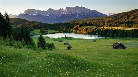 Hd Wallpaper Meadow Lake In The Alps Cabins Lakes Mountains Nature