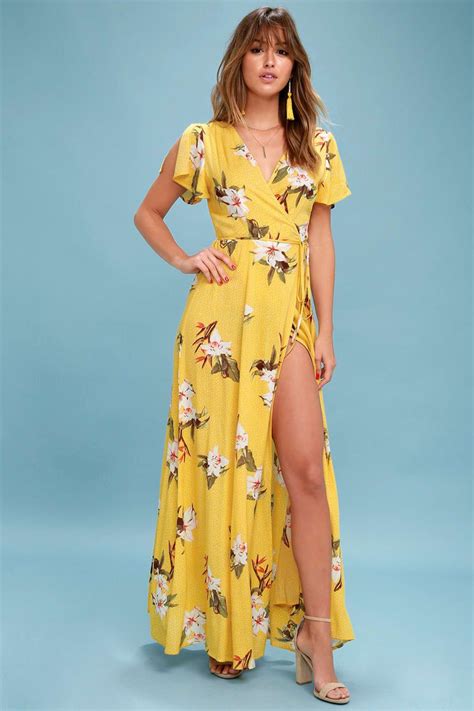 Heart Of Marigold Yellow Tropical Print Wrap Maxi Dress Yellow Maxi Dress Maxi Dress Maxi