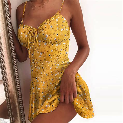 Bohemian Casual Sundress Women Summer Floral Print Spaghetti Strap Mini