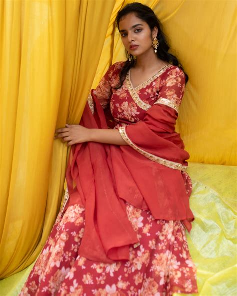 Brick Red Floral Georgette Anarkali With Dupatta Set Of Two By Athira