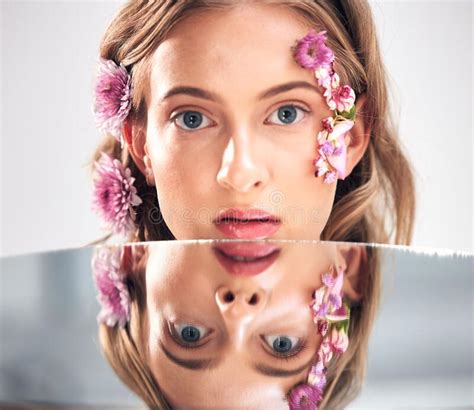 beauty face portrait and mirror woman with flower product sustainable agriculture and natural