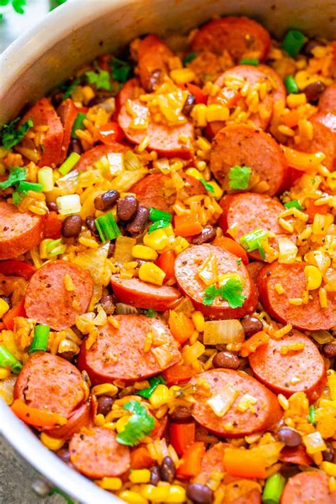 15minute Mexican Sausage Black Beans And Rice Skillet Averie Cooks