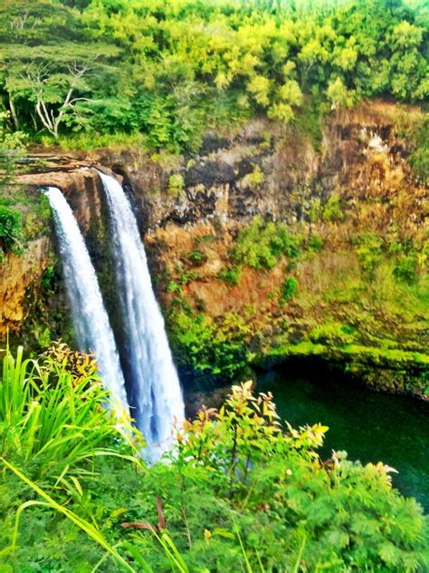 Double Waterfall Kauai Ocean Water Blue Beach Kauai Waterfalls