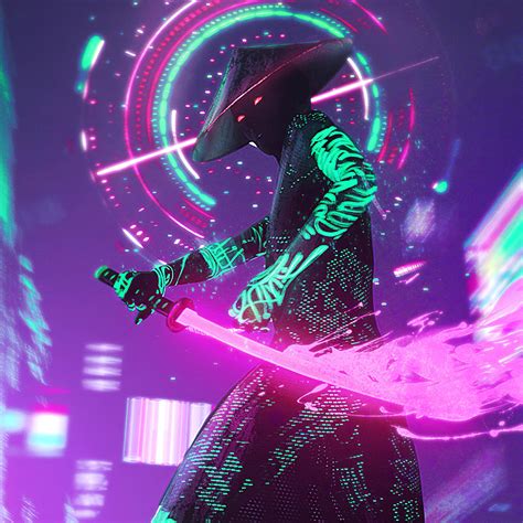 Neon Samurai Neon Cyberpunk Wallpaper 4k Man With Katana Images And
