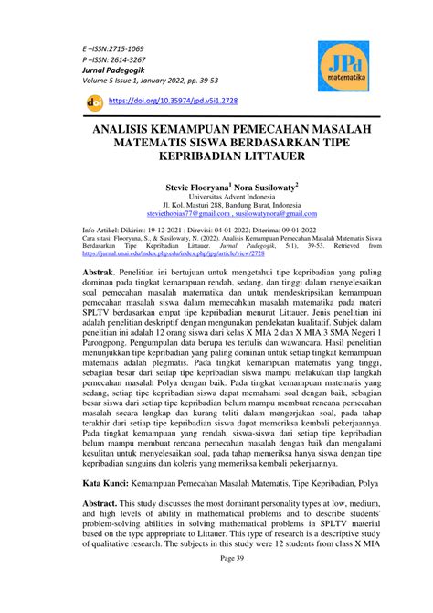PDF ANALISIS KEMAMPUAN PEMECAHAN MASALAH MATEMATIS SISWA BERDASARKAN