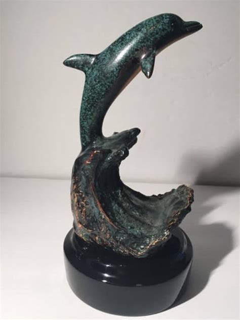 Donjo Leaping Dolphin Art Statue Metal And Wood Bronze Vintage Etsy