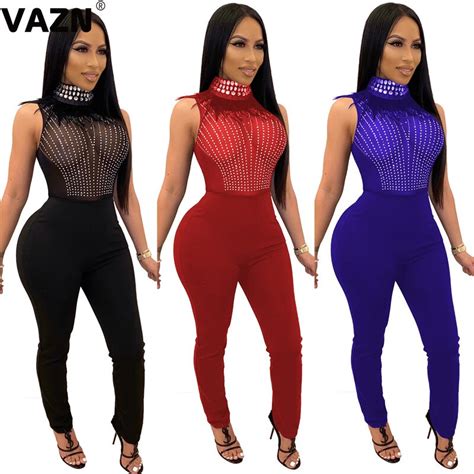 Vazn Sequin New 2020 Hot Fashion High Street Jumpsuits Red Casual Bodycon Chiffon Solid Sexy