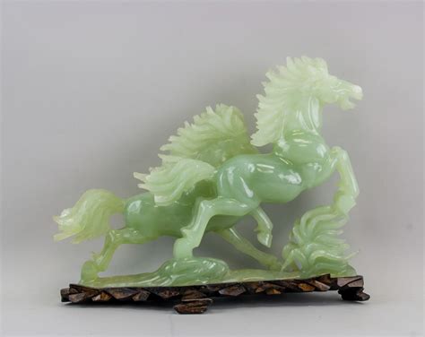 Chinese Green Jade Carved Horses Statue With Stand