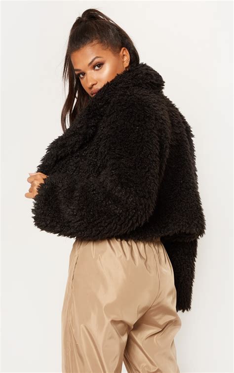 black teddy faux fur cropped jacket prettylittlething ca