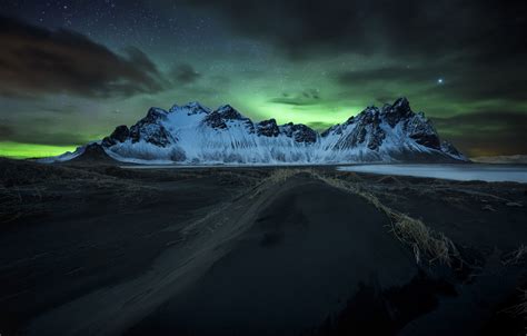 Wallpaper Mountains Night Northern Lights Iceland Have Stokksnes