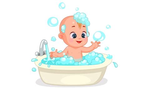 Premium Vector Vector Illustration Of Cute Baby Happy Bathing With Foam And Bubbles
