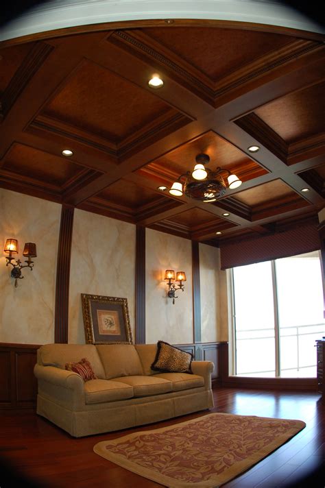 One way to make the room look more open by taking advantage of the roof is to measure the molding along the highest horizontal line before the lowest point of the roof rise. Coffered ceiling, crown molding, LED lighting, Faux paint ...