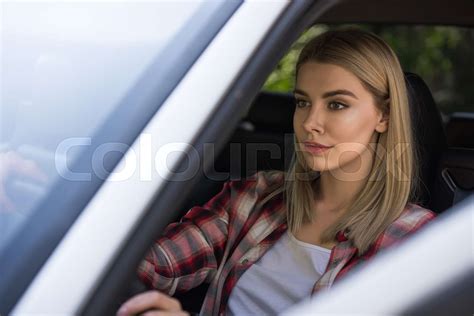 Beautiful Blonde Girl Driving White Car Stock Image Colourbox