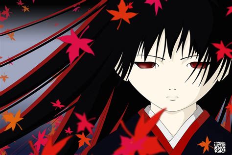 Jigoku Shoujo Anime Girls Black Hair Red Eyes Long