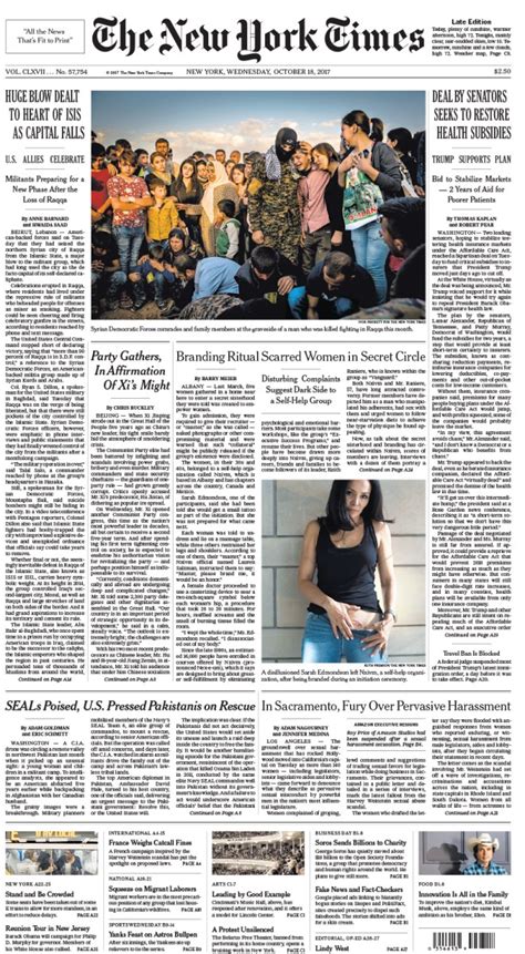 New York Times Front Page Oct 18 2017 Frank Report Investigative
