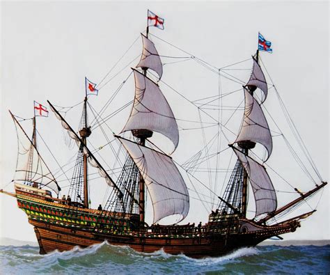 A Painting Of A Sailing Ship In The Ocean With British Flags On Its Sails