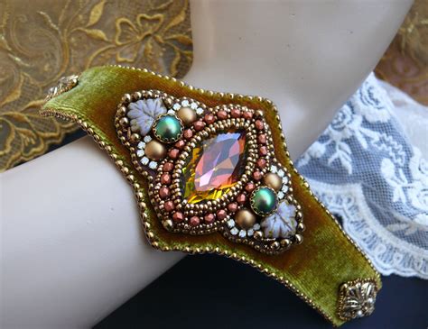 Bead Embroidered Cuff Bracelet With The Swarovski Crystals And Silk Velvet Jewelry Bead