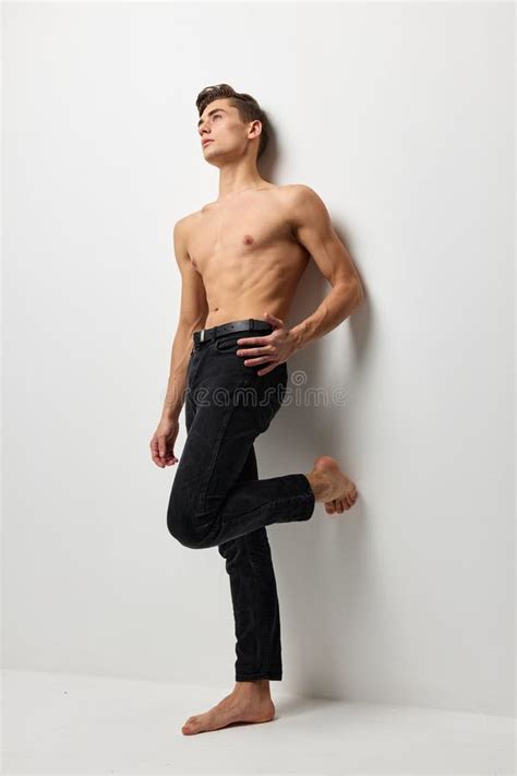 Handsome Male Nude Torso Black Pants Portrait Studio Background Stock