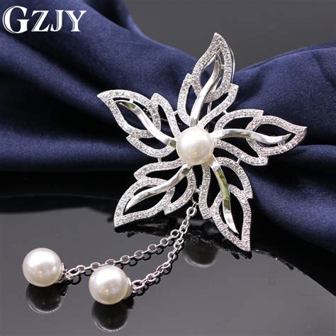 Gzjy Vintage Style White Gold Color Flower Pearl Crystal Aaa Zircon Party Broochpendant Wedding