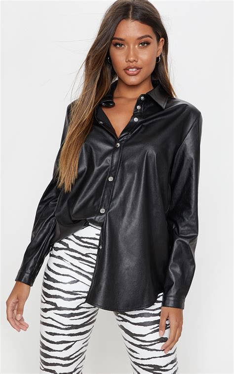 Black Faux Leather Oversized Shirt Prettylittlething Ca