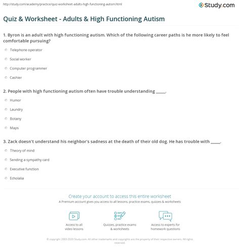 Quiz And Worksheet Adults And High Functioning Autism