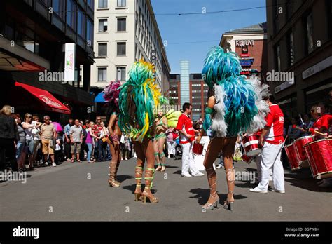 Finland Helsinki Helsingfors Street Dancers Women Performers Wearing Colourful Costumes