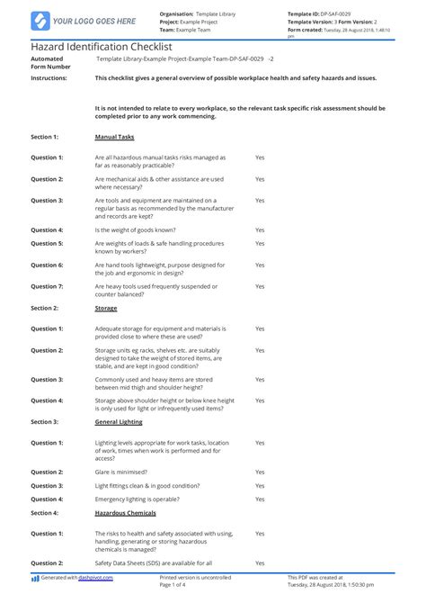 Hazard Identification Checklist Template Free To Use And Editable