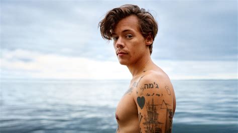 Side View Of Harry Styles With Tattoos Is Standing In Beach Background