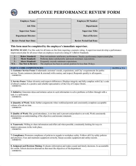 Free Sample Employee Performance Review Forms In Ms Word Pdf