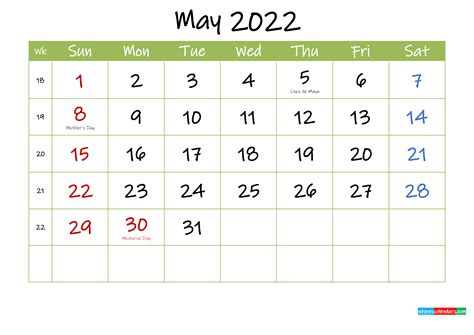 Free Printable May 2022 Calendar With Holidays Template Ink22m41