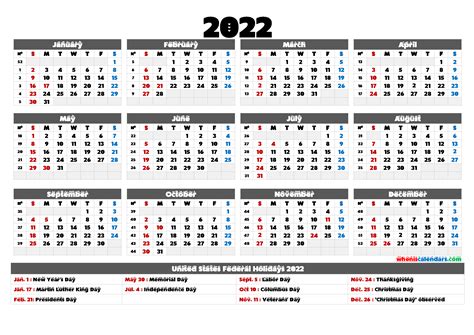 Printable 2022 Calendar With Holidays 9 Templates