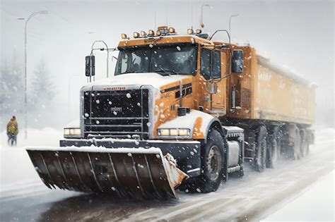 Premium Ai Image Snow Plow Truck Cleaning Snowy Road In Snowstorm