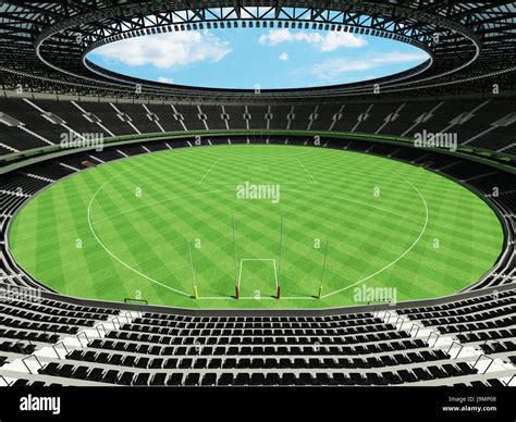 3d render of a round australian rules football stadium with black seats and vip boxes for fifty