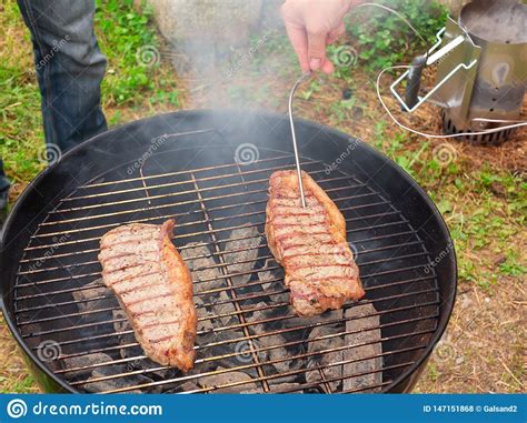 Apa yang akan kita masak? Two Juicy Beef Steaks Are Grilled On A Round Grill. Meat ...