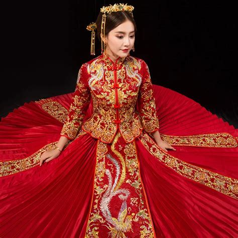 Long Sleeve Chinese Traditional Wedding Dress Women Phoenix Embroidery Cheongsam Red Qipao