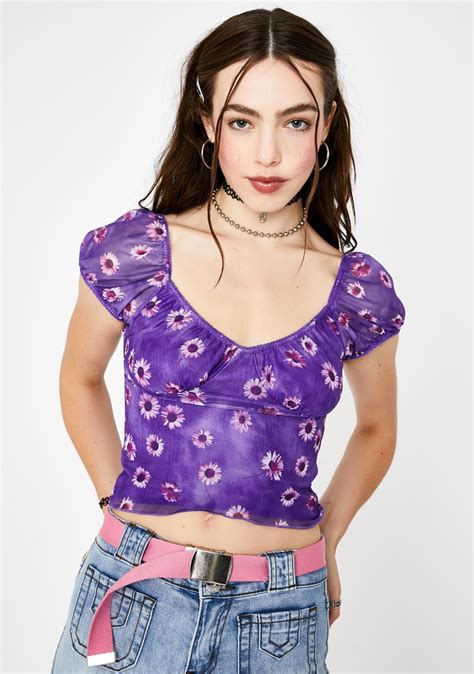 Motel Purple Daisy Glasty Crop Top Lace Up Leggings Crop Tops Tops