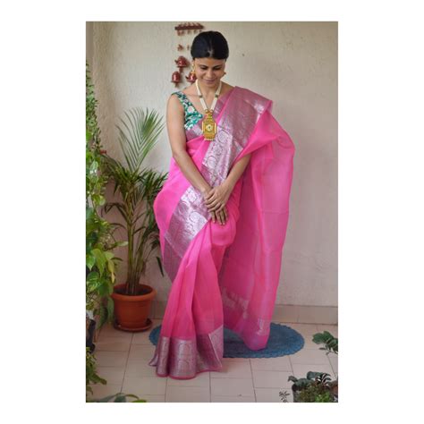 Handwoven organza 2x2 sheer silk saree with banarasi border. | Saree designs, Saree trends ...