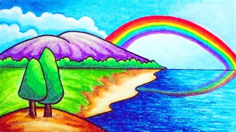 How To Draw Easy Scenery For Kids Drawing Simple Rainbow Scenery Step