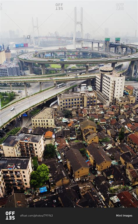 Shanghai Chinafebruary 8 2019 Slum Housing With Nanpu Bridge In
