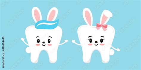 easter bunny rabbit teeth dental icon set isolated dentist easter cute white tooth character