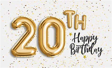 Happy 20th Birthday Gold Foil Balloon Greeting Background Stock Photo
