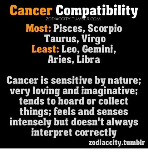 These highly emotional crabs will sit down and talk you through any anxiety, be it a big presentation at work or how to handle a difficult. What sign is cancer least compatible with. What sign is ...