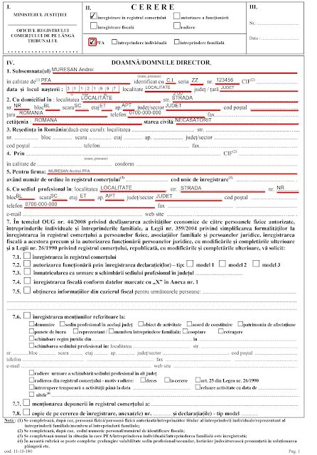 PFA 2016: Cerere înregistrare în Registrul comerțului