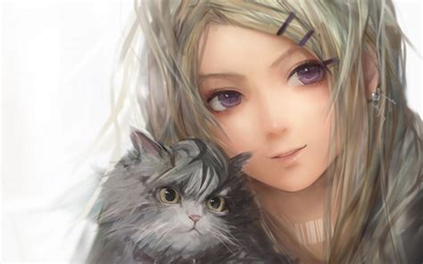 Anime Girls White Background Cat Animals Kittens Wallpapers Hd