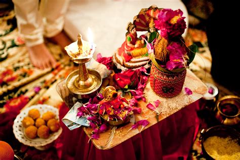 Vibrant And Ornate Ceremony Table During Pre Wedding Hindu Wedding