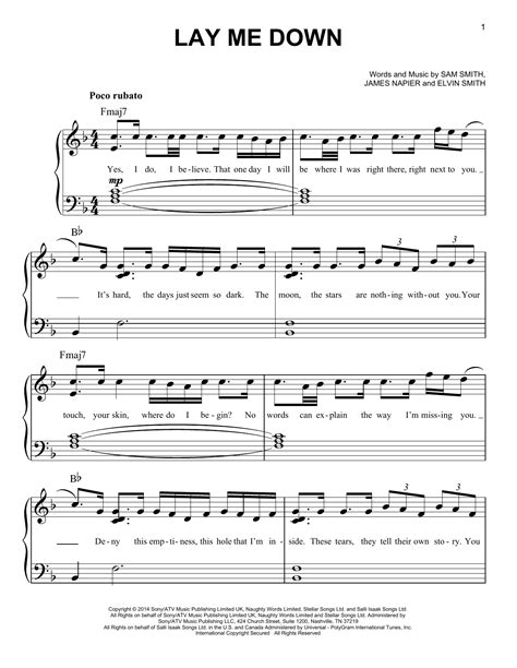 Lay Me Down Sheet Music Sam Smith Easy Piano