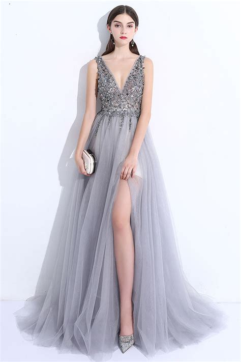 Gray V Neck Tulle Beads Long Prom Dress Gray Evening Dress Dresstby