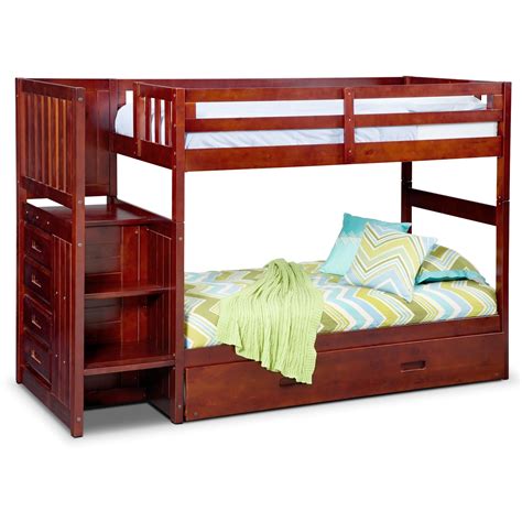 Ranger Twin Over Twin Bunk Bed With Storage Stairs And Trundle Merlot