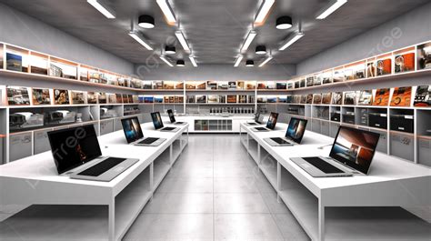 Computer Store With Many Computers And Displays Background 3d Laptop