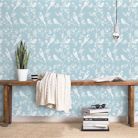 Wallpaper Birds Blue White Vintage Wall Paper Peel And Stick Etsy